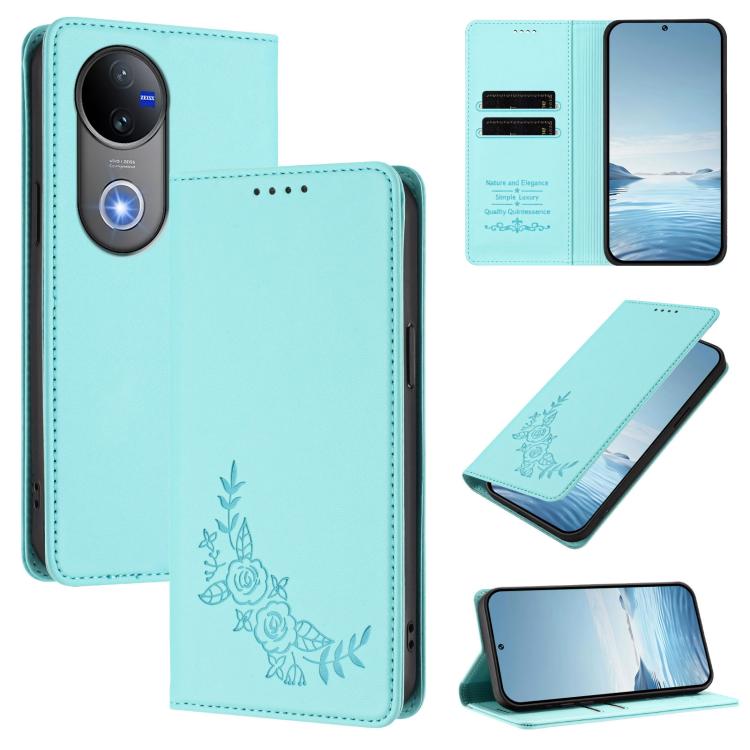 Peony Embossed Magnetic RFID Vegan Leather Phone Case, For vivo V50 5G Global / V50e 5G, For vivo V50 Lite 5G / 4G Global