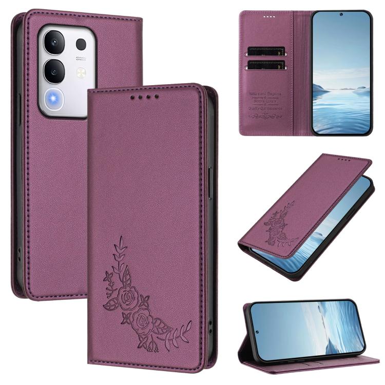 Peony Embossed Magnetic RFID Vegan Leather Phone Case, For vivo Y300 Pro+ 5G / T4 5G, For vivo Y29 4G Global / T4x 5G / Y300T 5G