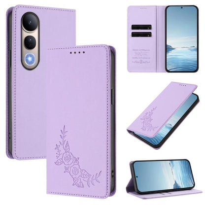 Peony Embossed Magnetic RFID Vegan Leather Phone Case, For vivo V50 5G Global / V50e 5G, For vivo V50 Lite 5G / 4G Global