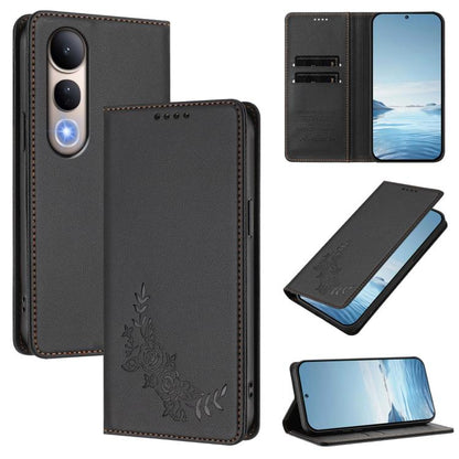 Peony Embossed Magnetic RFID Vegan Leather Phone Case, For vivo V50 5G Global / V50e 5G, For vivo V50 Lite 5G / 4G Global