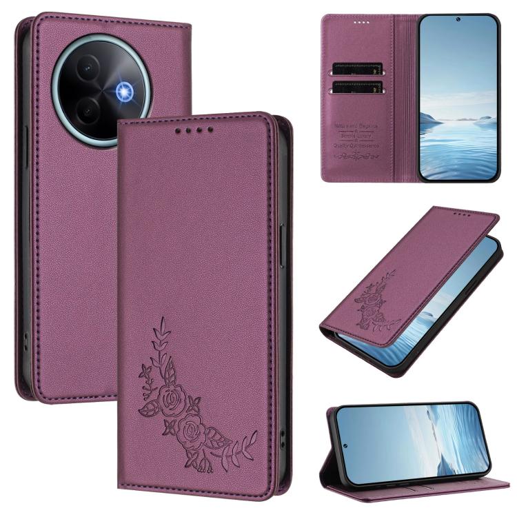 Peony Embossed Magnetic RFID Vegan Leather Phone Case, For vivo Y39 5G Global, For vivo Y19s 4G Global / Y29 5G India