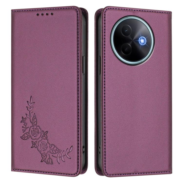Peony Embossed Magnetic RFID Vegan Leather Phone Case, For vivo Y39 5G Global, For vivo Y19s 4G Global / Y29 5G India