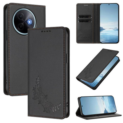 Peony Embossed Magnetic RFID Vegan Leather Phone Case, For vivo Y39 5G Global, For vivo Y19s 4G Global / Y29 5G India