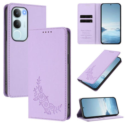 Peony Embossed Magnetic RFID Vegan Leather Phone Case, For vivo Y39 5G Global, For vivo Y19s 4G Global / Y29 5G India