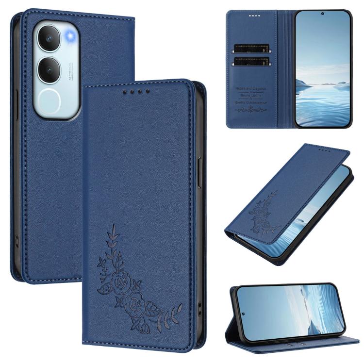 Peony Embossed Magnetic RFID Vegan Leather Phone Case, For vivo Y39 5G Global, For vivo Y19s 4G Global / Y29 5G India