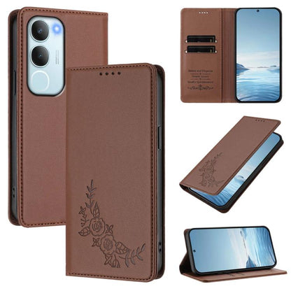 Peony Embossed Magnetic RFID Vegan Leather Phone Case, For vivo Y39 5G Global, For vivo Y19s 4G Global / Y29 5G India