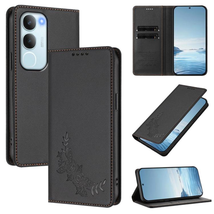 Peony Embossed Magnetic RFID Vegan Leather Phone Case, For vivo Y39 5G Global, For vivo Y19s 4G Global / Y29 5G India