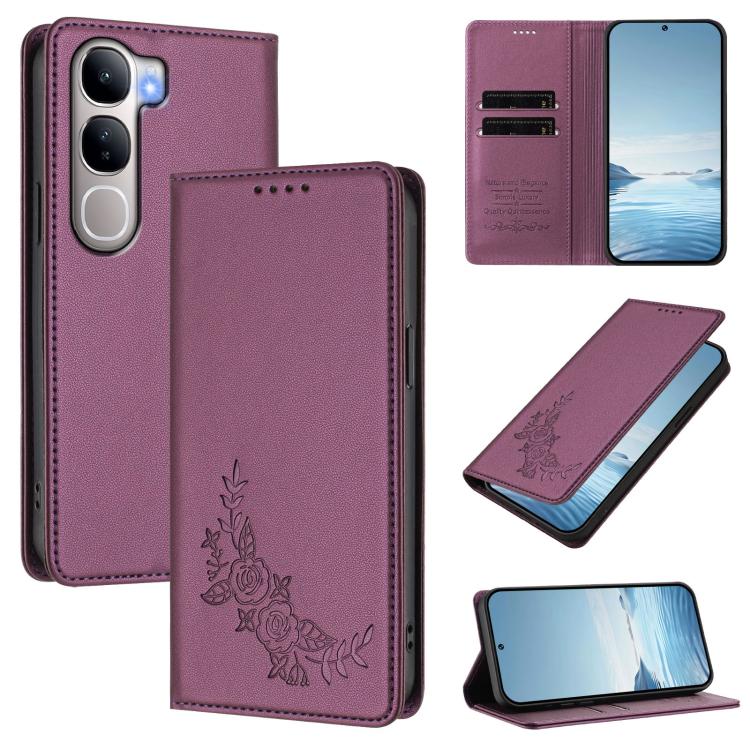 Peony Embossed Magnetic RFID Vegan Leather Phone Case, For vivo Y300 5G IDN / V40 Lite 5G / 4G IDN, For vivo X200 5G