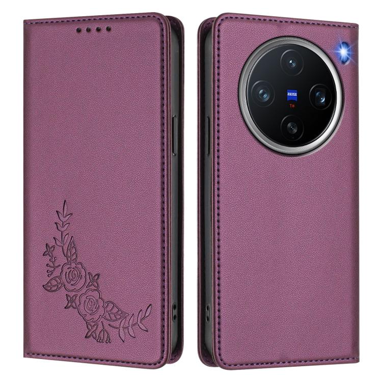 Peony Embossed Magnetic RFID Vegan Leather Phone Case, For vivo X200 Pro mini, For vivo X200 Pro 5G
