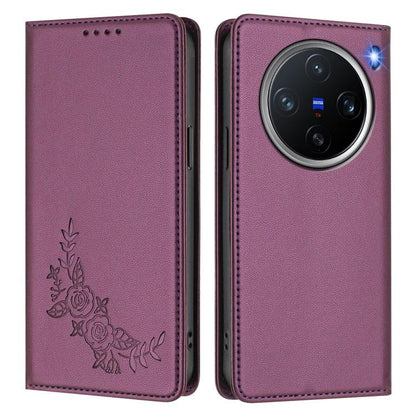 Peony Embossed Magnetic RFID Vegan Leather Phone Case, For vivo X200 Pro mini, For vivo X200 Pro 5G
