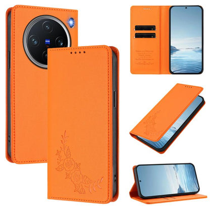 Peony Embossed Magnetic RFID Vegan Leather Phone Case, For vivo X200 Pro mini, For vivo X200 Pro 5G