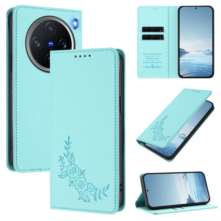 Peony Embossed Magnetic RFID Vegan Leather Phone Case, For vivo X200 Pro mini, For vivo X200 Pro 5G