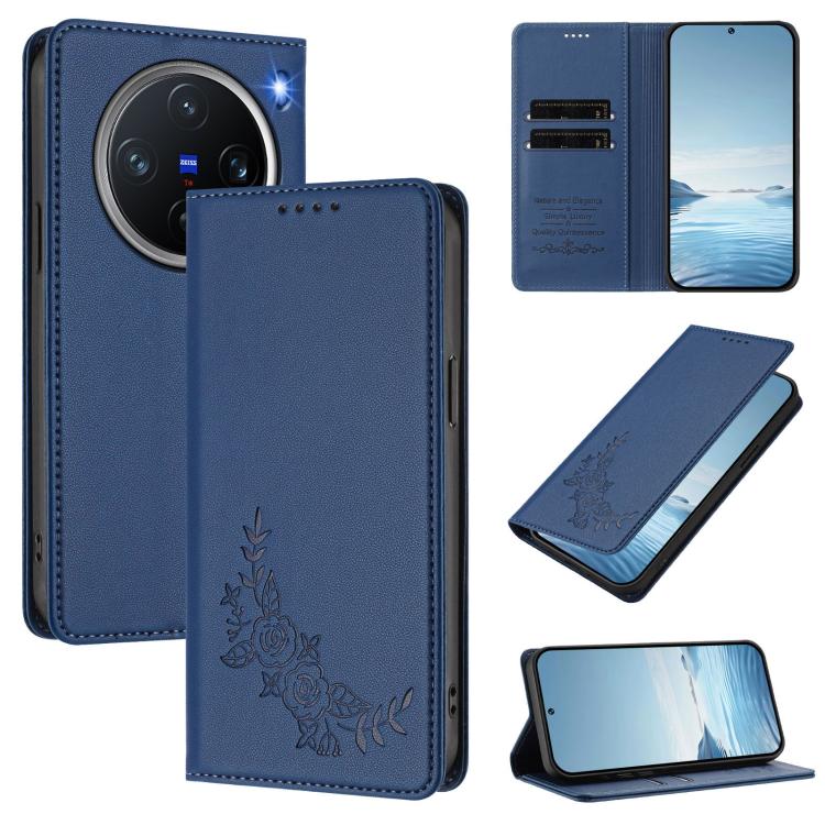 Peony Embossed Magnetic RFID Vegan Leather Phone Case, For vivo X200 Pro mini, For vivo X200 Pro 5G