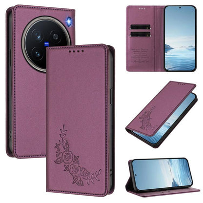 Peony Embossed Magnetic RFID Vegan Leather Phone Case, For vivo X200 Pro mini, For vivo X200 Pro 5G