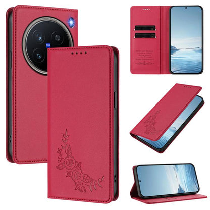 Peony Embossed Magnetic RFID Vegan Leather Phone Case, For vivo X200 Pro mini, For vivo X200 Pro 5G