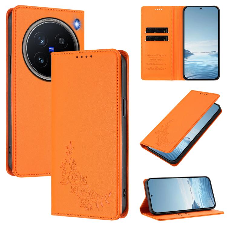 Peony Embossed Magnetic RFID Vegan Leather Phone Case, For vivo X200 Pro mini, For vivo X200 Pro 5G