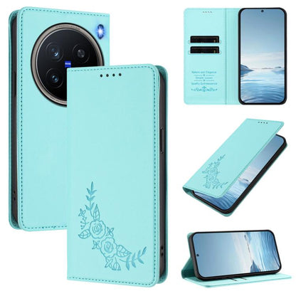 Peony Embossed Magnetic RFID Vegan Leather Phone Case, For vivo X200 Pro mini, For vivo X200 Pro 5G