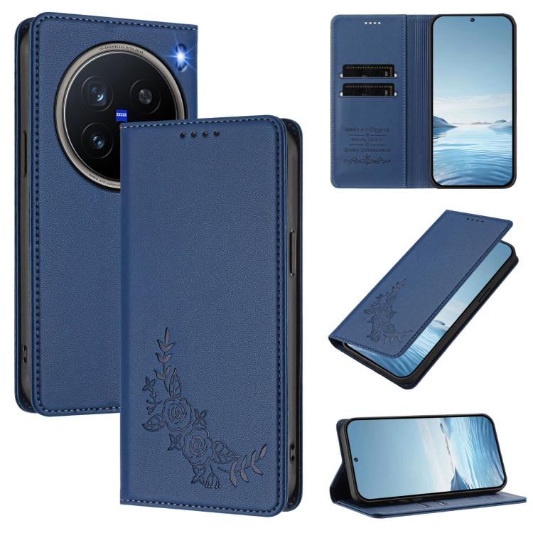 Peony Embossed Magnetic RFID Vegan Leather Phone Case, For vivo X200 Pro mini, For vivo X200 Pro 5G