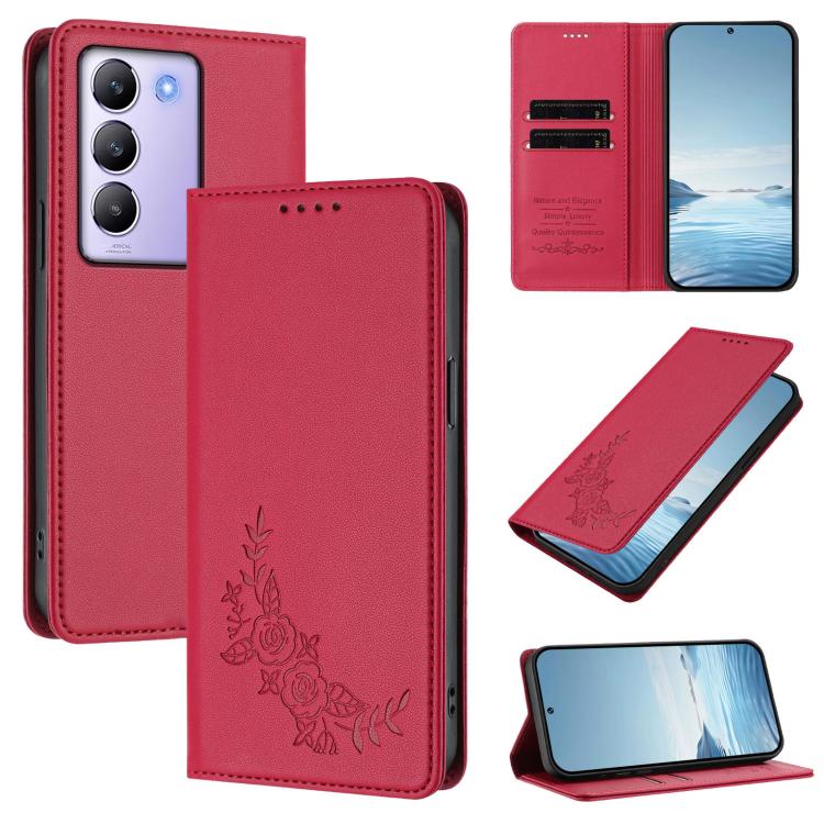 Peony Embossed Magnetic RFID Vegan Leather Phone Case, For vivo Y100 5G IDN / T3 5G IDN, For vivo V40e 5G India / iQOO Z9s 5G