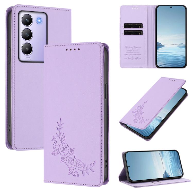 Peony Embossed Magnetic RFID Vegan Leather Phone Case, For vivo Y100 5G IDN / T3 5G IDN, For vivo V40e 5G India / iQOO Z9s 5G