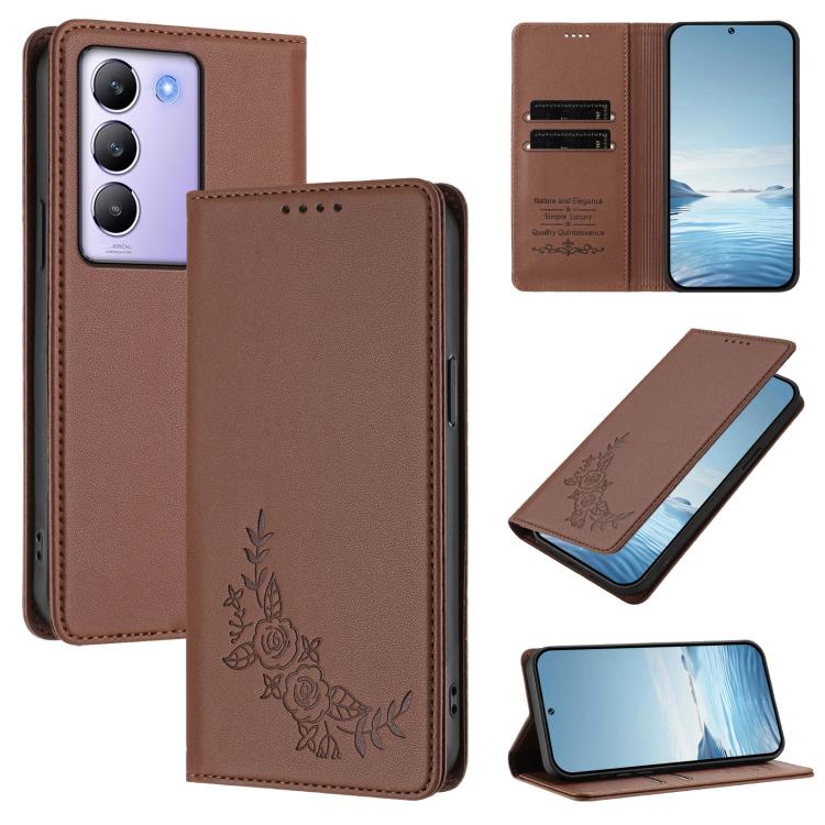 Peony Embossed Magnetic RFID Vegan Leather Phone Case, For vivo Y100 5G IDN / T3 5G IDN, For vivo V40e 5G India / iQOO Z9s 5G