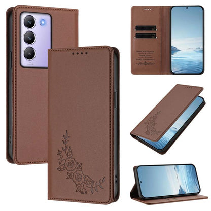 Peony Embossed Magnetic RFID Vegan Leather Phone Case, For vivo Y100 5G IDN / T3 5G IDN, For vivo V40e 5G India / iQOO Z9s 5G