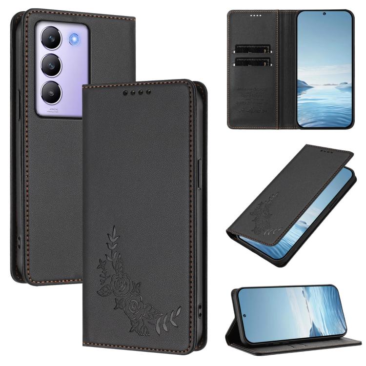 Peony Embossed Magnetic RFID Vegan Leather Phone Case, For vivo Y100 5G IDN / T3 5G IDN, For vivo V40e 5G India / iQOO Z9s 5G