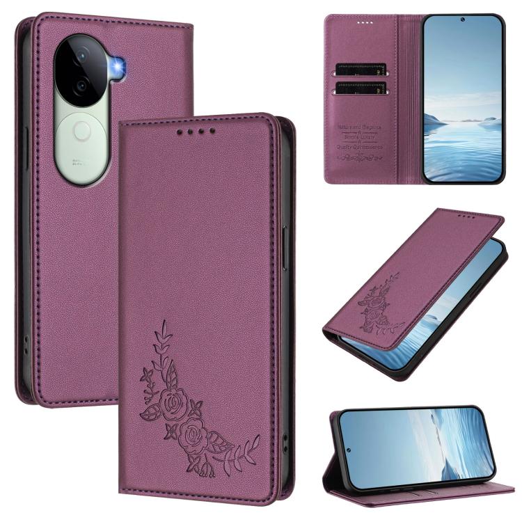 Peony Embossed Magnetic RFID Vegan Leather Phone Case, For vivo Y100 5G IDN / T3 5G IDN, For vivo V40e 5G India / iQOO Z9s 5G