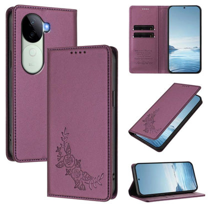 Peony Embossed Magnetic RFID Vegan Leather Phone Case, For vivo Y100 5G IDN / T3 5G IDN, For vivo V40e 5G India / iQOO Z9s 5G