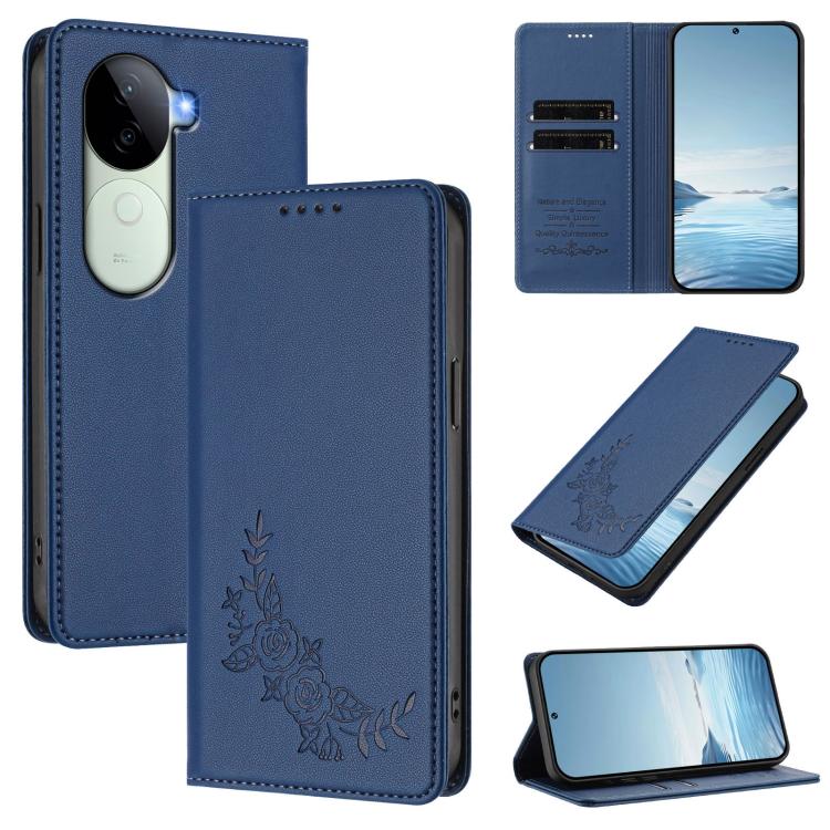 Peony Embossed Magnetic RFID Vegan Leather Phone Case, For vivo Y100 5G IDN / T3 5G IDN, For vivo V40e 5G India / iQOO Z9s 5G