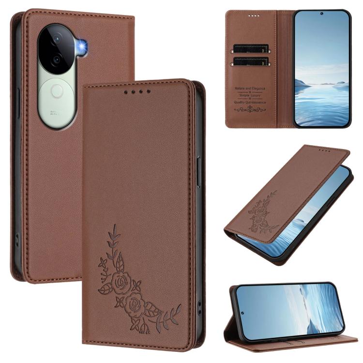 Peony Embossed Magnetic RFID Vegan Leather Phone Case, For vivo Y100 5G IDN / T3 5G IDN, For vivo V40e 5G India / iQOO Z9s 5G
