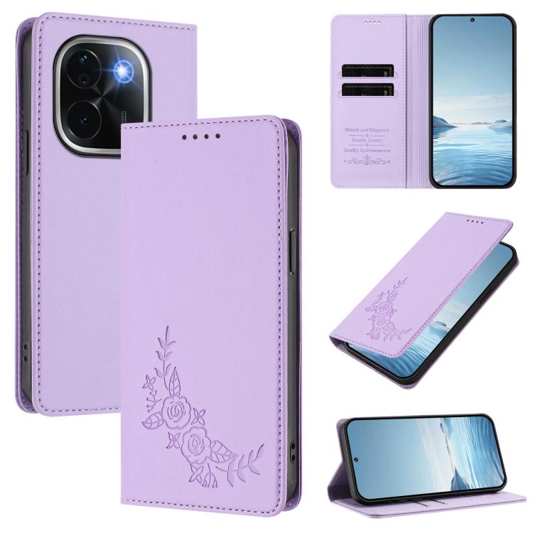 Peony Embossed Magnetic RFID Vegan Leather Phone Case, For vivo V40 5G / V40 Pro 5G Global, For vivo iQOO Z9s Pro 5G / T3 Pro 5G India
