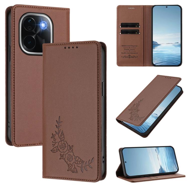 Peony Embossed Magnetic RFID Vegan Leather Phone Case, For vivo V40 5G / V40 Pro 5G Global, For vivo iQOO Z9s Pro 5G / T3 Pro 5G India