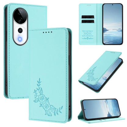 Peony Embossed Magnetic RFID Vegan Leather Phone Case, For vivo V40 5G / V40 Pro 5G Global, For vivo iQOO Z9s Pro 5G / T3 Pro 5G India