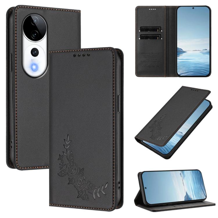 Peony Embossed Magnetic RFID Vegan Leather Phone Case, For vivo V40 5G / V40 Pro 5G Global, For vivo iQOO Z9s Pro 5G / T3 Pro 5G India