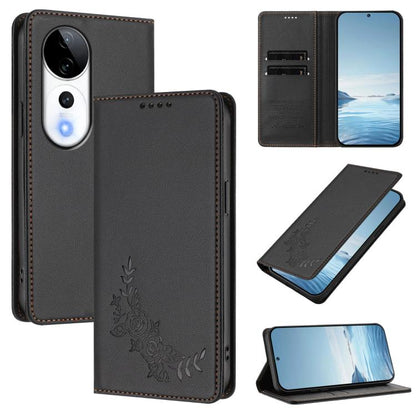 Peony Embossed Magnetic RFID Vegan Leather Phone Case, For vivo V40 5G / V40 Pro 5G Global, For vivo iQOO Z9s Pro 5G / T3 Pro 5G India