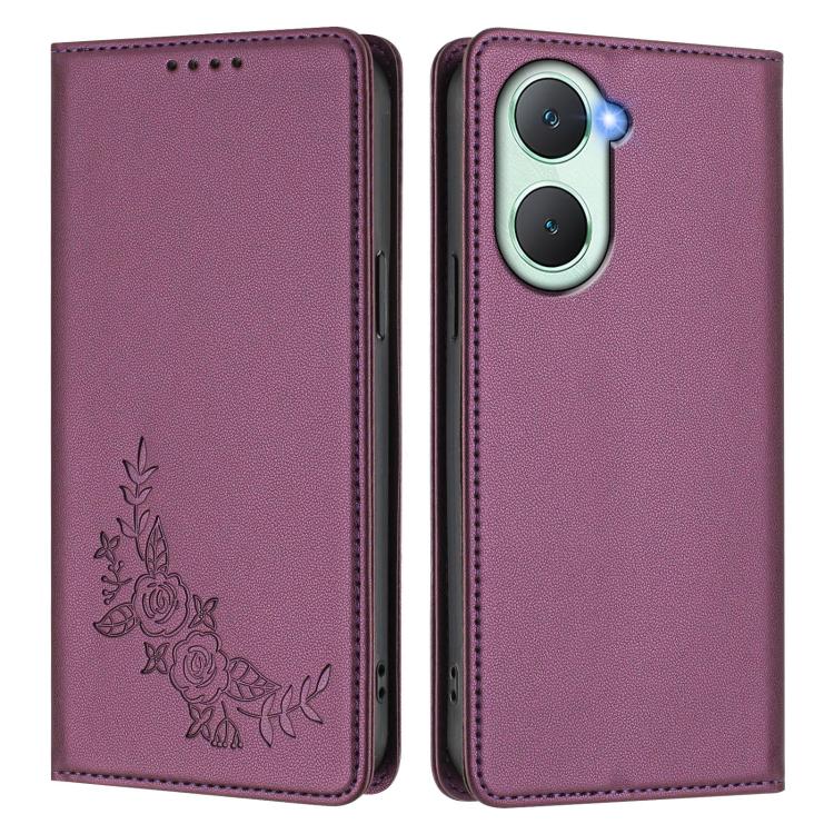 Peony Embossed Magnetic RFID Vegan Leather Phone Case, For vivo Y03 4G / Y18 4G / Y28s Global, For vivo V40 Lite 5G / V30e 5G Global