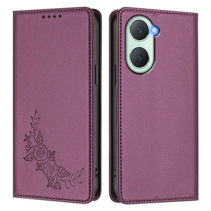 Peony Embossed Magnetic RFID Vegan Leather Phone Case, For vivo Y03 4G / Y18 4G / Y28s Global, For vivo V40 Lite 5G / V30e 5G Global