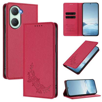 Peony Embossed Magnetic RFID Vegan Leather Phone Case, For vivo Y03 4G / Y18 4G / Y28s Global, For vivo V40 Lite 5G / V30e 5G Global