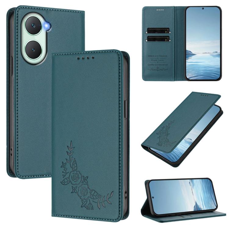 Peony Embossed Magnetic RFID Vegan Leather Phone Case, For vivo Y03 4G / Y18 4G / Y28s Global, For vivo V40 Lite 5G / V30e 5G Global