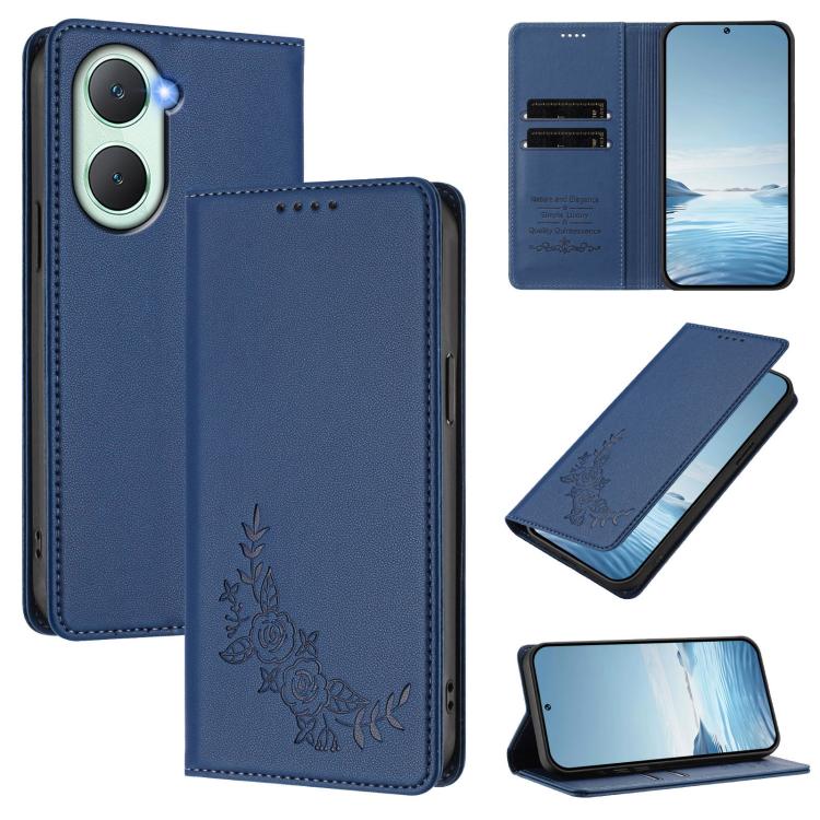 Peony Embossed Magnetic RFID Vegan Leather Phone Case, For vivo Y03 4G / Y18 4G / Y28s Global, For vivo V40 Lite 5G / V30e 5G Global