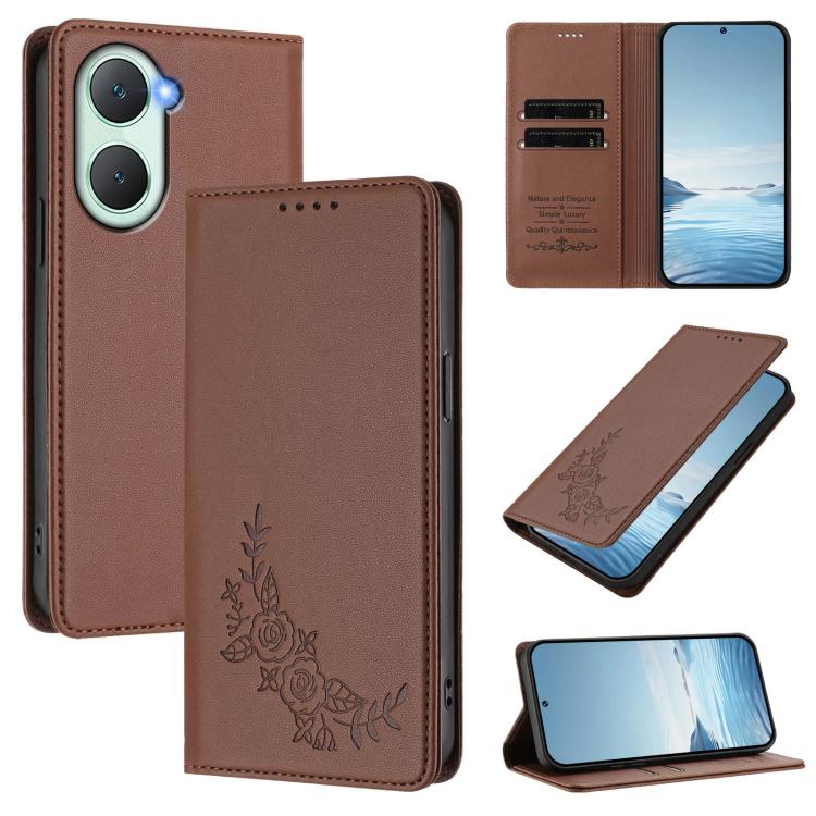 Peony Embossed Magnetic RFID Vegan Leather Phone Case, For vivo Y03 4G / Y18 4G / Y28s Global, For vivo V40 Lite 5G / V30e 5G Global