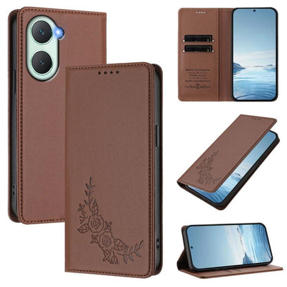 Peony Embossed Magnetic RFID Vegan Leather Phone Case, For vivo Y03 4G / Y18 4G / Y28s Global, For vivo V40 Lite 5G / V30e 5G Global