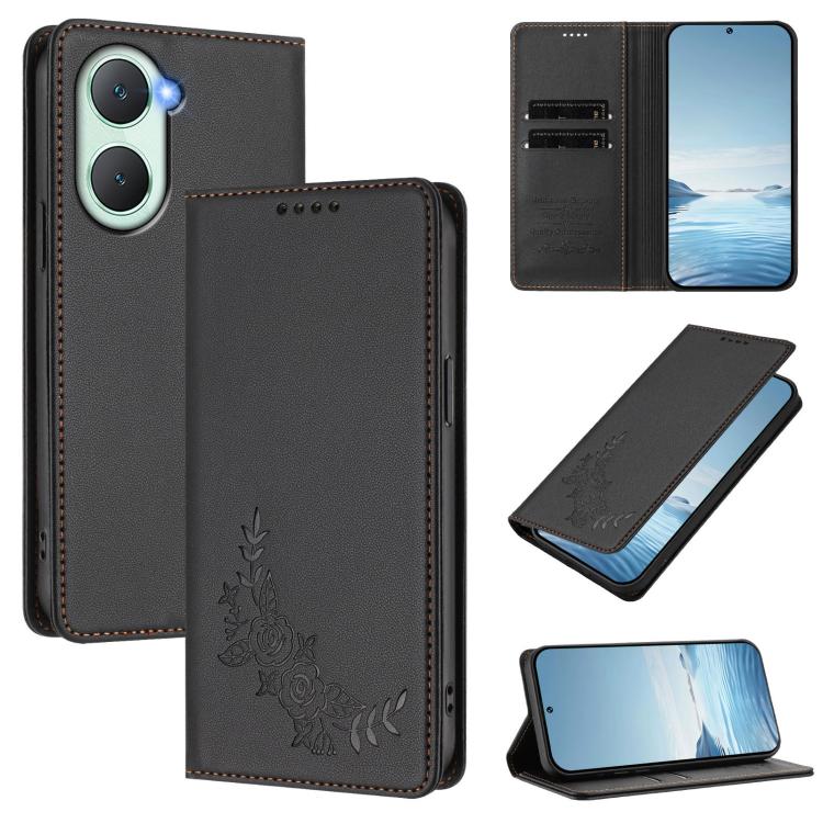 Peony Embossed Magnetic RFID Vegan Leather Phone Case, For vivo Y03 4G / Y18 4G / Y28s Global, For vivo V40 Lite 5G / V30e 5G Global