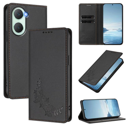 Peony Embossed Magnetic RFID Vegan Leather Phone Case, For vivo Y03 4G / Y18 4G / Y28s Global, For vivo V40 Lite 5G / V30e 5G Global