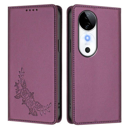 Peony Embossed Magnetic RFID Vegan Leather Phone Case, For vivo S19, For vivo Y28 4G Global