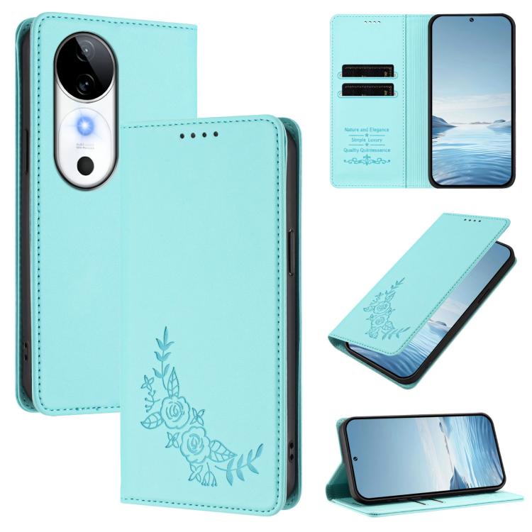 Peony Embossed Magnetic RFID Vegan Leather Phone Case, For vivo S19, For vivo Y28 4G Global