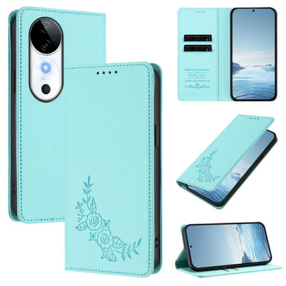 Peony Embossed Magnetic RFID Vegan Leather Phone Case, For vivo S19, For vivo Y28 4G Global