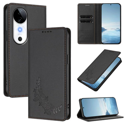 Peony Embossed Magnetic RFID Vegan Leather Phone Case, For vivo S19, For vivo Y28 4G Global