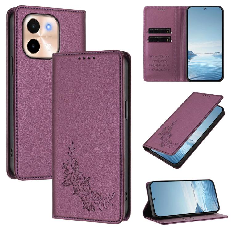 Peony Embossed Magnetic RFID Vegan Leather Phone Case, For vivo S19, For vivo Y28 4G Global